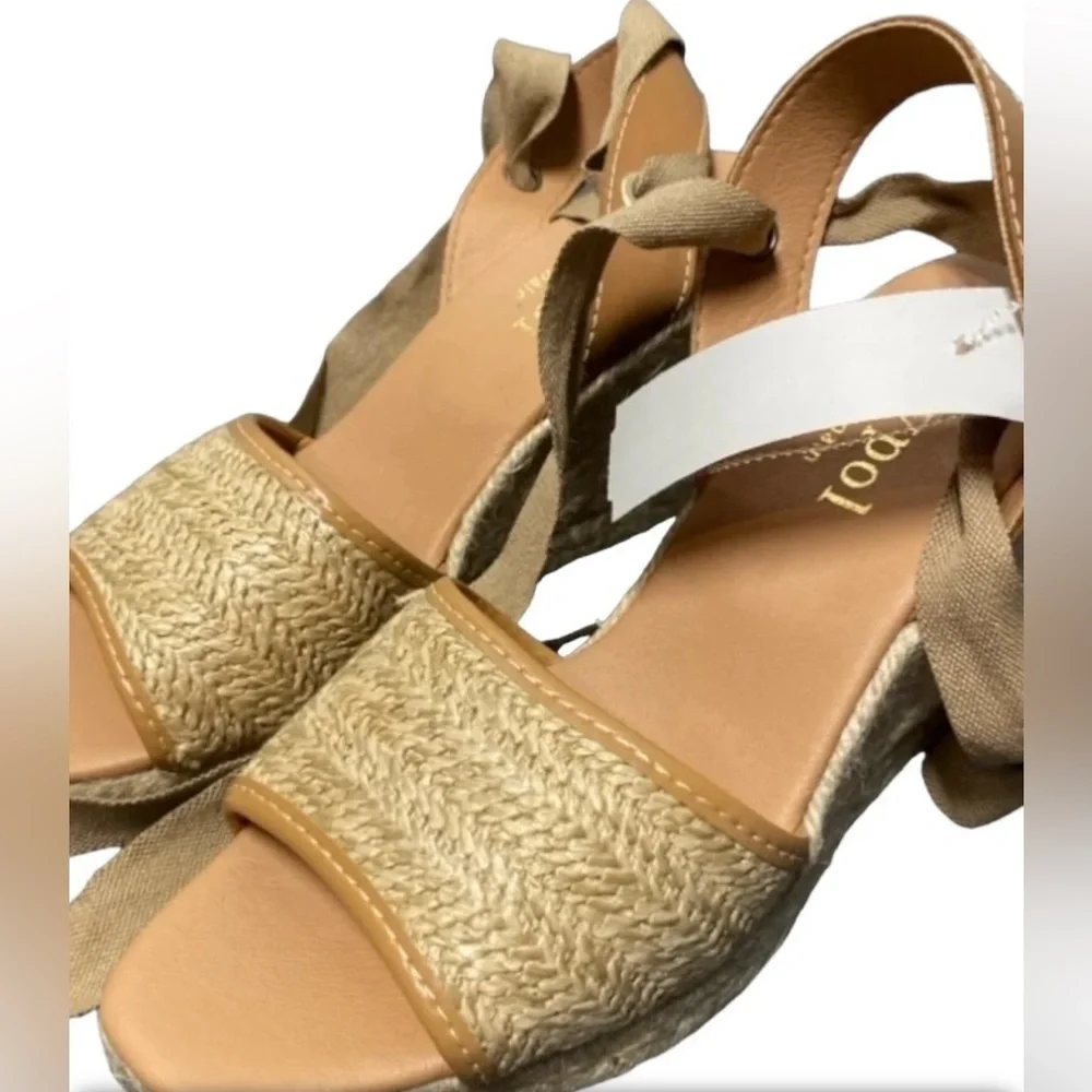 Maypol Shoe Size 40 Tan Raffia Leather Open Toe Wedge Wrap Ankle Strap Shoes